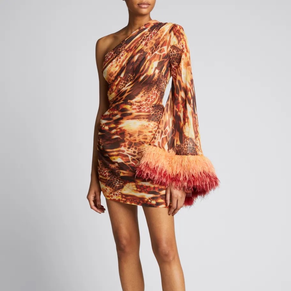Bronx and Banco: Fire-Print One-Shoulder Feather-Cuff Mini Dress